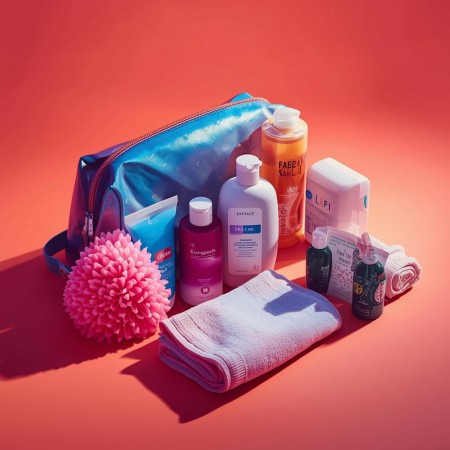 Maak een afbeelding van een douchepakket met daarin een toilettas, douchegel, shampoo, haarverzorging, een scrubhandschoen en een washandje.